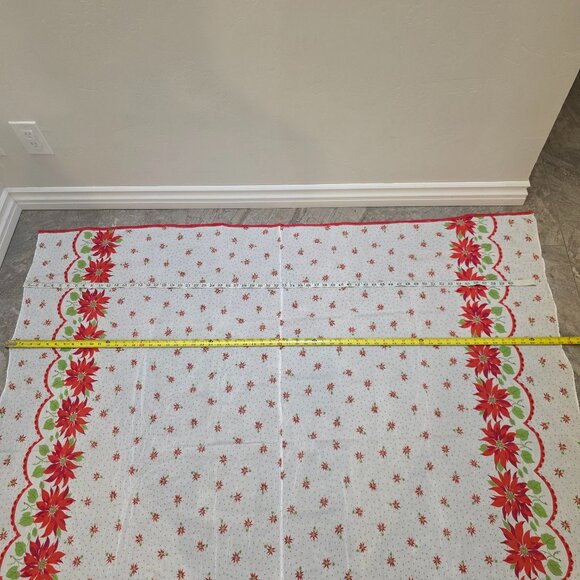 Vintage 50s Cotton Print Tablecloth Christmas poinsettia & Ribbons 63x63" Estate - Picture 5 of 7